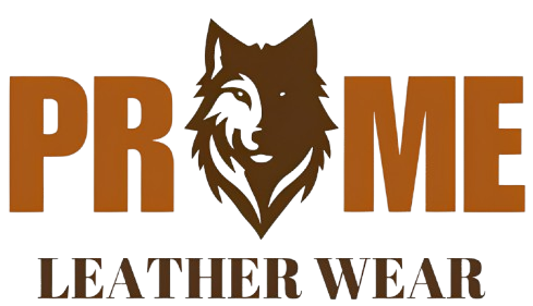 Prime Leather Wear logo featuring a stylized wolf head with the brand name in bold letters