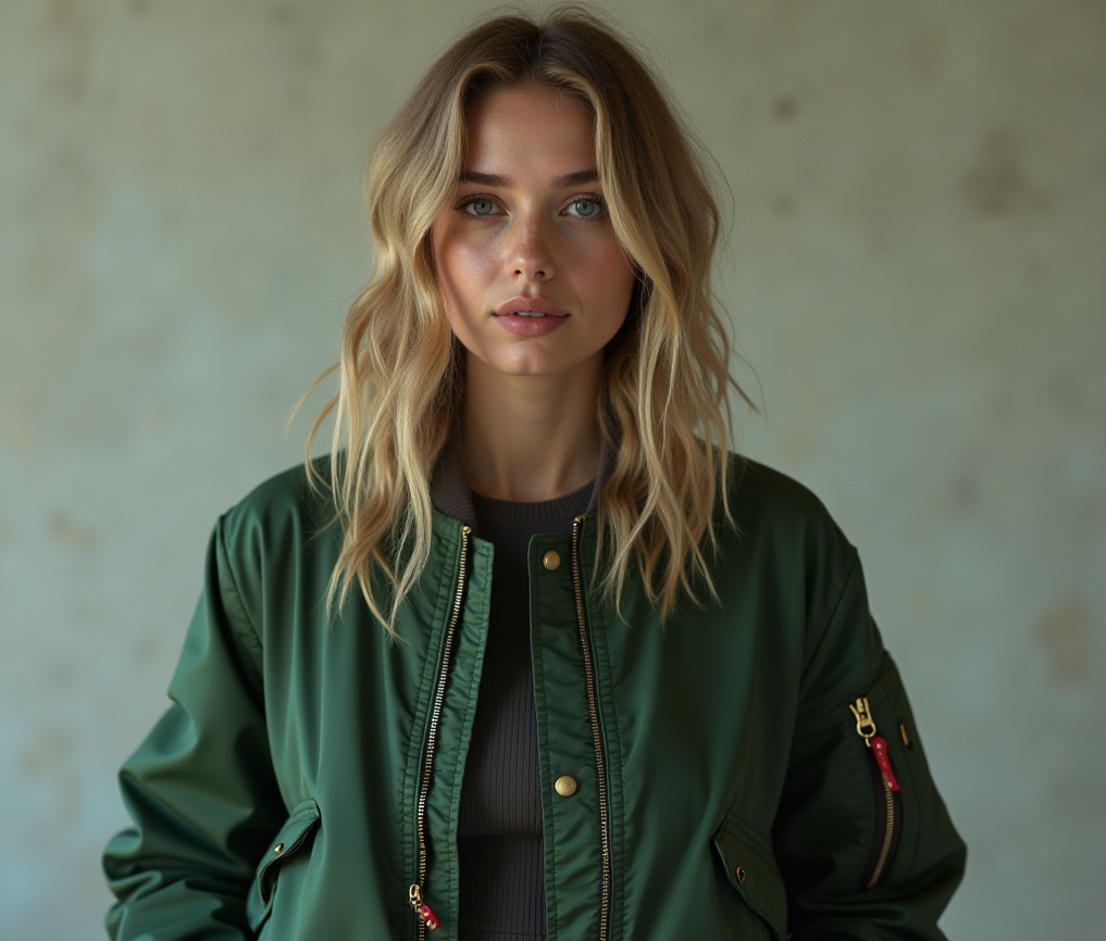 A model wearing a vibrant green bomber jacket with ribbed cuffs and waistband, paired with black pants and white sneakers. The model is standing outdoors in a casual setting, with soft natural lighting highlighting the jacket's smooth texture.