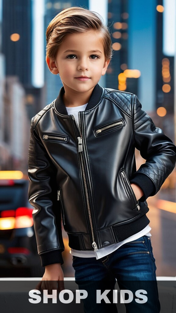 Kid in leather jacket posing with blurred skyscrapers in background