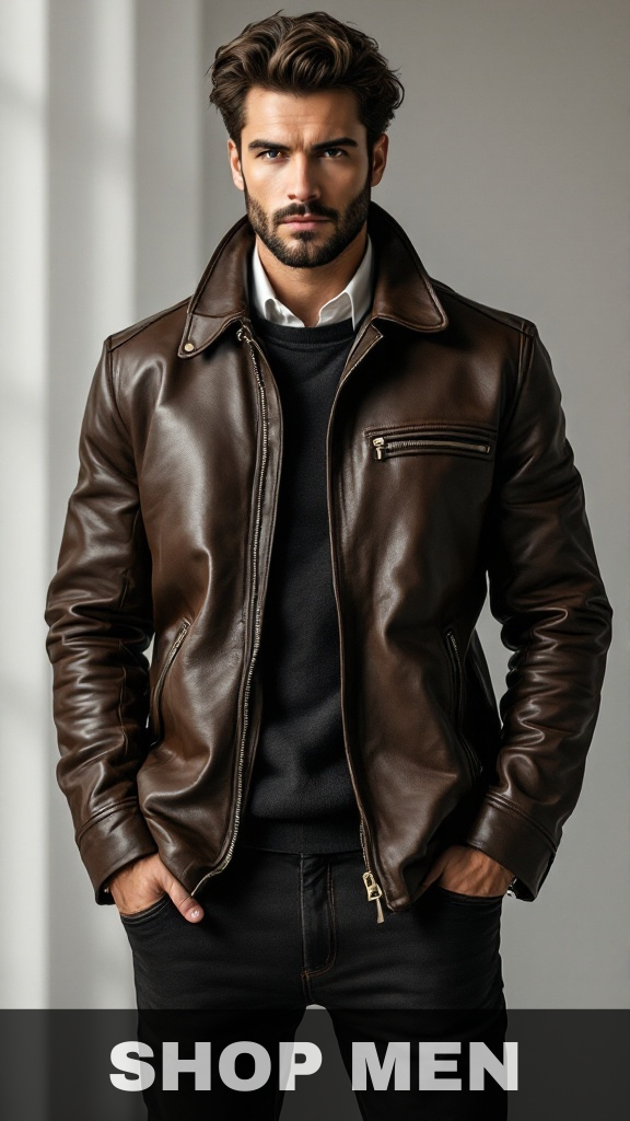 Man standing and posing in a studio, wearing a stylish leather jacket