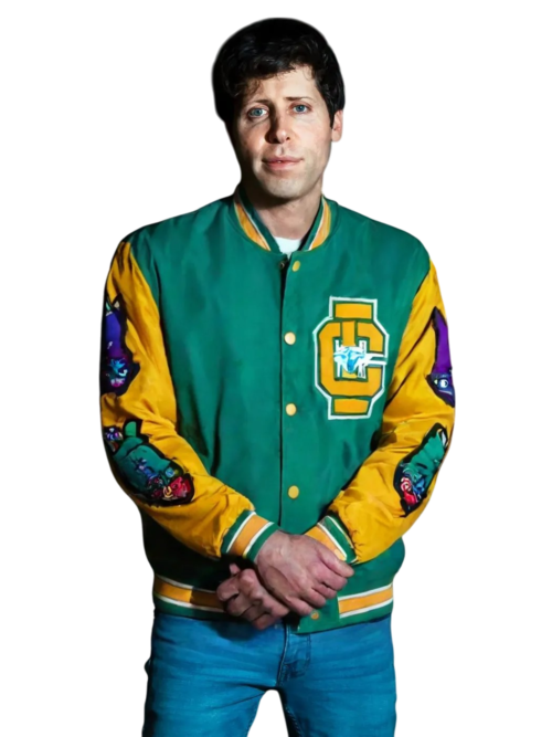 Sam Altman CEO of OpenAI wearing a Green Rashomon Bomber Jacket