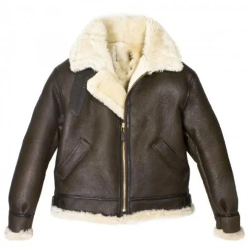 <ul> <li><strong>Material</strong>: Leather</li> <li><strong>Colour</strong>: Brown</li> <li><strong>Front</strong>: Zipper closure</li> <li><strong>Sleeves</strong>: Full Length with shearling cuffs</li> <li><strong>Collar</strong>: Shearling style collar</li> <li><strong>Pockets</strong>: Two waist pockets</li> </ul>