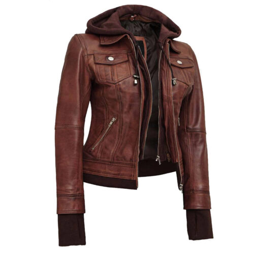 <div class="ProductName"> <h1 class="ProductDetailsTitle">Womens Cognac Leather Bomber Jacket With Removable Hood</h1> </div> <div class="ProductReviewbadge"> <div class="ProductPrimDelivery"> <div> <div align="left"></div> </div> </div> </div>