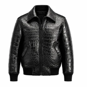 Men’s Black Crocodile-Embossed Leather Bomber Jacket