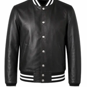 Men’s Black Leather Varsity Bomber Jacket