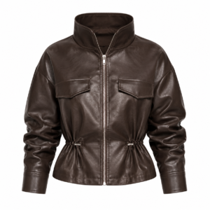 Mocha Brown Utility Leather Drawstring Jacket