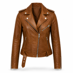 Cognac Brown Belted Leather Biker Jacket