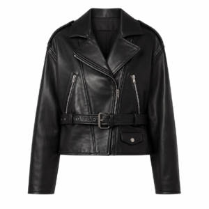 Noir Black Belted Leather Moto Biker Jacket