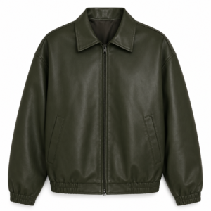 Olive Green Classic Leather Bomber Jacket
