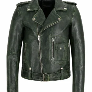 Vintage Green Leather Biker Jacket with Belt
