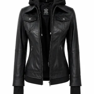Women’s Black Leather Hooded Biker Jacket